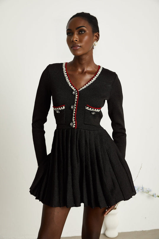 Vera Black Knitted Mini Dress with V Neck and Front Button Fastening