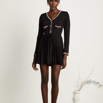 Vera Black Knitted Mini Dress V Neck Front Button Pleated Design Patch Pockets
