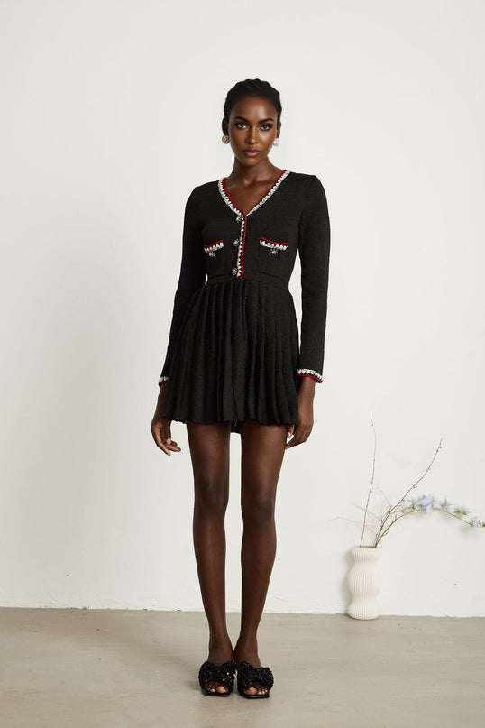 Vera Black Knitted Mini Dress V Neck Front Button Pleated Design Patch Pockets