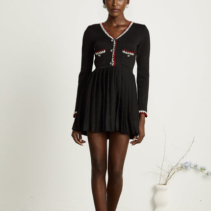 Vera Black Knitted Mini Dress V Neck Front Button Fastening Pleated Design