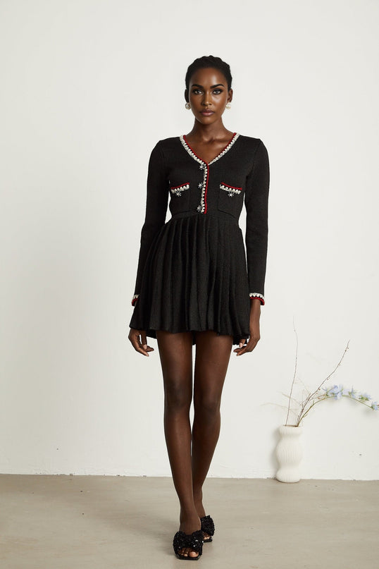 Vera Black Knitted Mini Dress V Neck Front Button Fastening Pleated Design