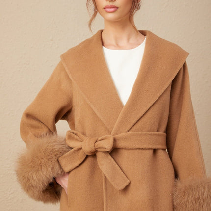 Vera Brown Fox Fur Wool Overcoat