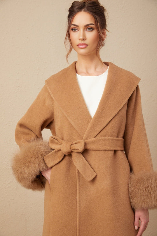 Vera Brown Fox Fur Wool Overcoat