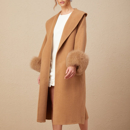 Vera Brown Wool Overcoat with Fox Fur Accents