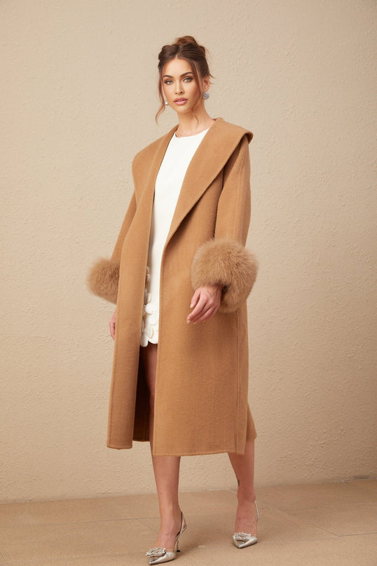 Vera Brown Wool Overcoat with Fox Fur Accents