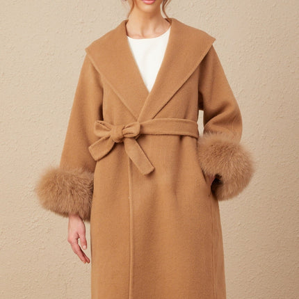 Vera Brown Wool Overcoat with Fox Fur Accents