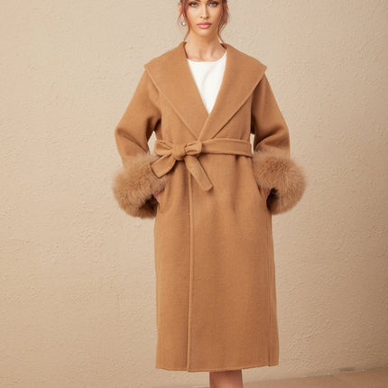 Vera Brown Wool Overcoat with Fox Fur Accents