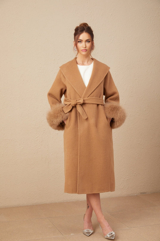 Vera Brown Wool Overcoat with Fox Fur Accents