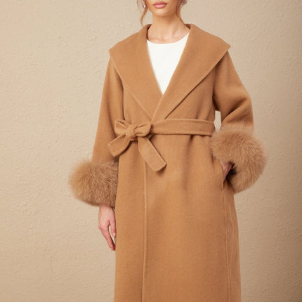 Vera Brown Wool Overcoat with Fox Fur Accents