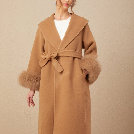Vera Brown Wool Overcoat with Fox Fur Accents