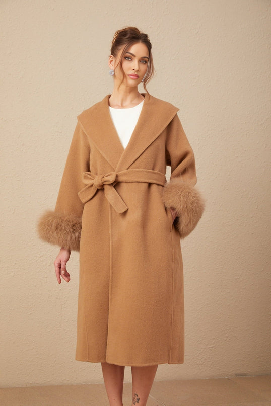 Vera Brown Wool Overcoat with Fox Fur Accents