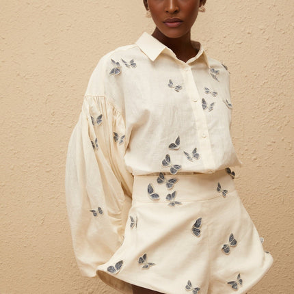 Vera Butterfly Embroidered White Linen Shirt and Shorts Set