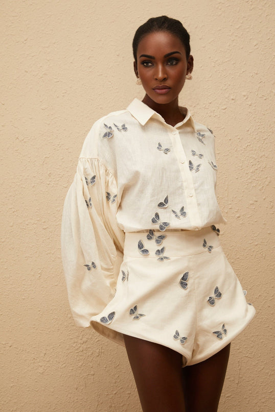 Vera Butterfly Embroidered White Linen Shirt and Shorts Set