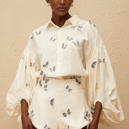 Vera Butterfly Embroidered White Linen Shirt Shorts Set