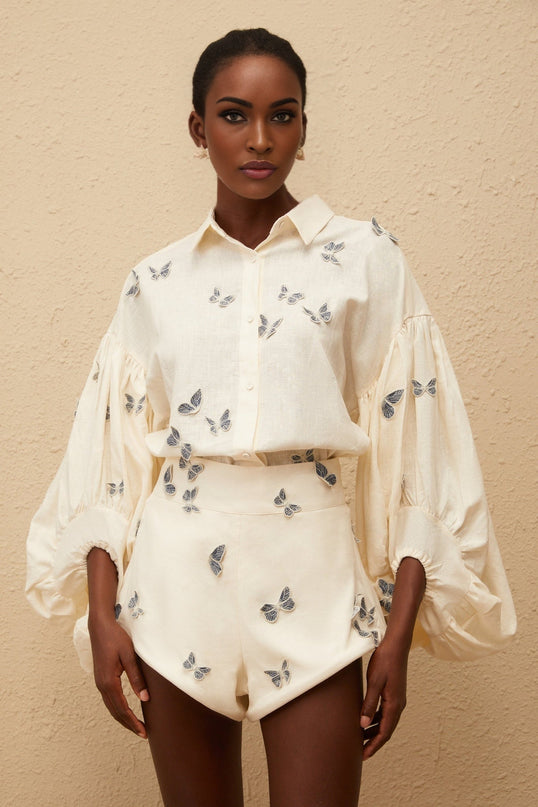 Vera Butterfly Embroidered White Linen Shirt Shorts Set