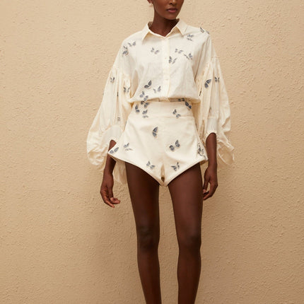 Vera Butterfly Embroidered White Linen Shirt and Shorts Set