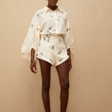 Vera Butterfly Embroidered White Linen Shirt and Shorts Set