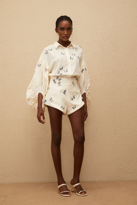 Vera Butterfly Embroidered White Linen Shirt and Shorts Set