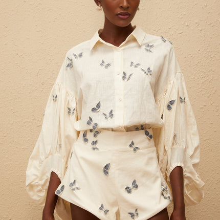 Vera Butterfly Embroidered White Linen Shirt Shorts Set
