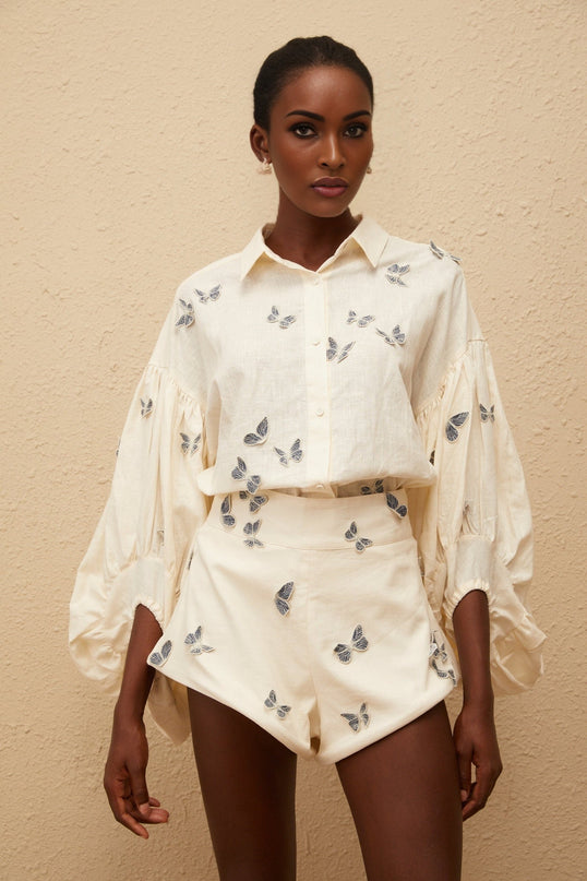 Vera Butterfly Embroidered White Linen Shirt Shorts Set
