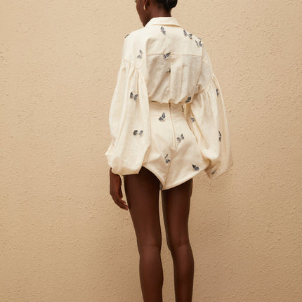 Vera Butterfly Embroidered White Linen Shirt and Shorts Set