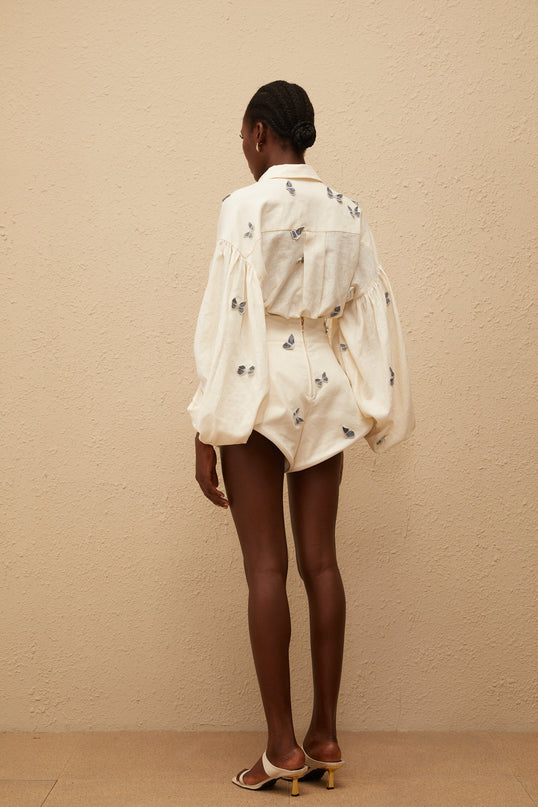 Vera Butterfly Embroidered White Linen Shirt and Shorts Set