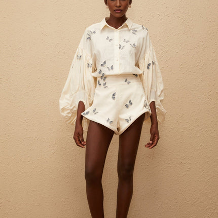 Vera Butterfly Embroidered White Linen Shirt and Shorts Set