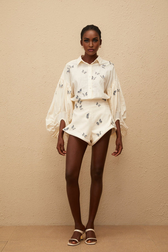 Vera Butterfly Embroidered White Linen Shirt and Shorts Set
