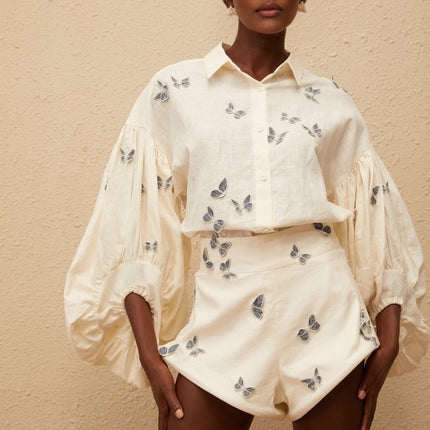 Vera Butterfly Embroidered White Linen Shirt Shorts Set