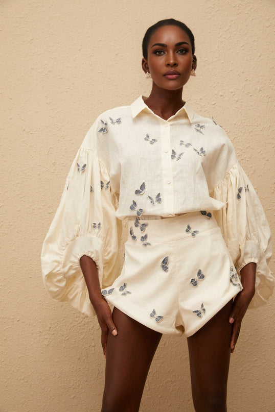 Vera Butterfly Embroidered White Linen Shirt Shorts Set