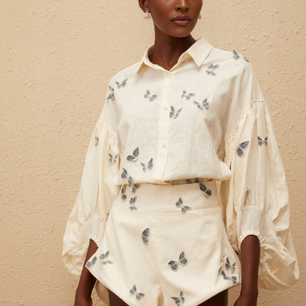 Vera Butterfly Embroidered White Linen Shirt Shorts Set