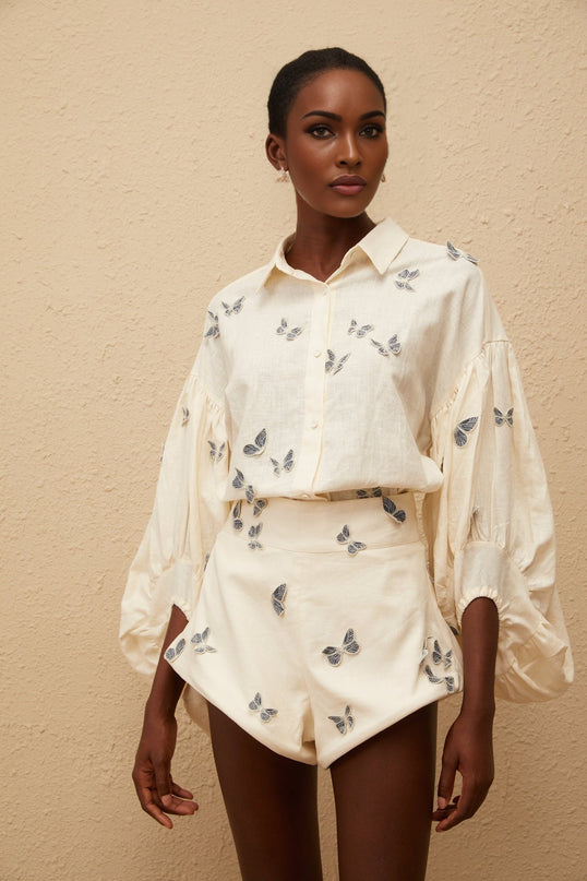 Vera Butterfly Embroidered White Linen Shirt Shorts Set