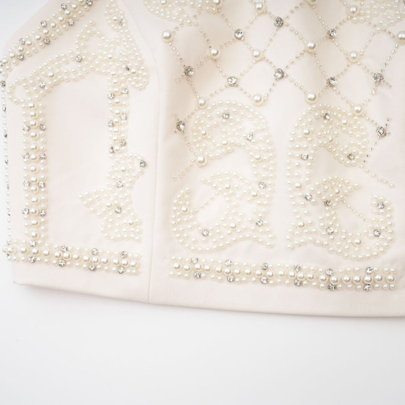 Vera Halterneck Skirt & Top Set in Neutrals Crystal Faux-pearl Embellishment