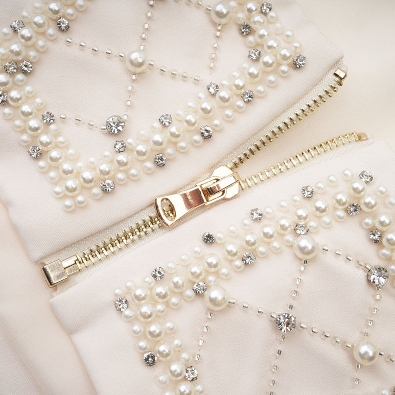 Vera Halterneck Skirt & Top Set in Neutrals Crystal Faux-pearl Embellishment