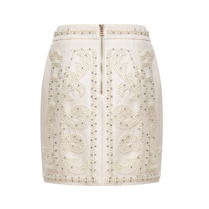 Vera Halterneck Skirt & Top Set in Neutrals Crystal Faux-pearl Embellishment