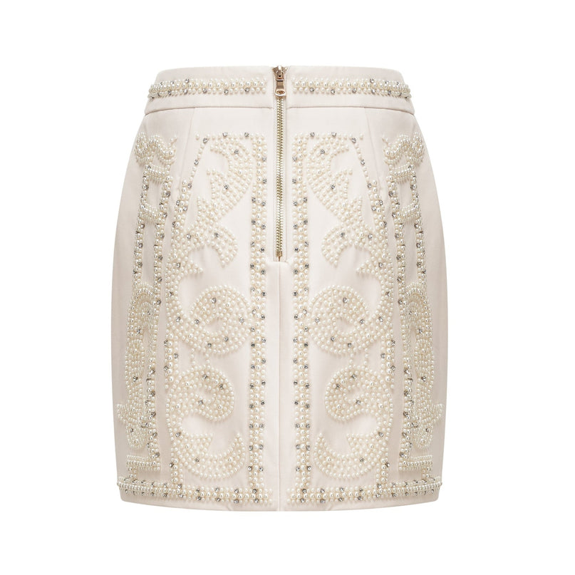 Vera Halterneck Skirt & Top Set in Neutrals Crystal Faux-pearl Embellishment