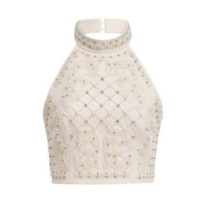 Vera Halterneck Skirt & Top Set in Neutrals Crystal Faux-pearl Embellishment