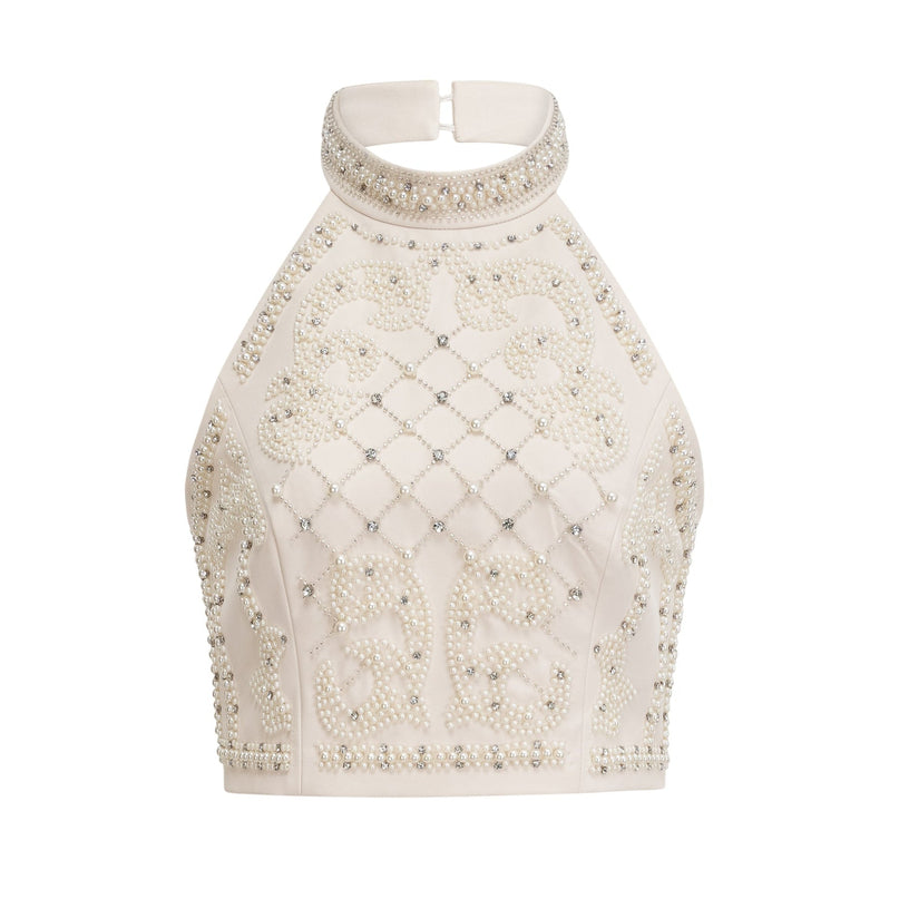 Vera Halterneck Skirt & Top Set in Neutrals Crystal Faux-pearl Embellishment