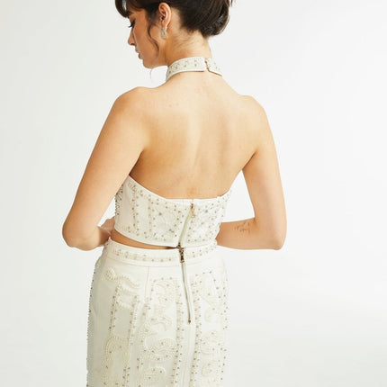 Vera Halterneck Skirt & Top Set in Neutrals Crystal Faux-pearl Embellishment