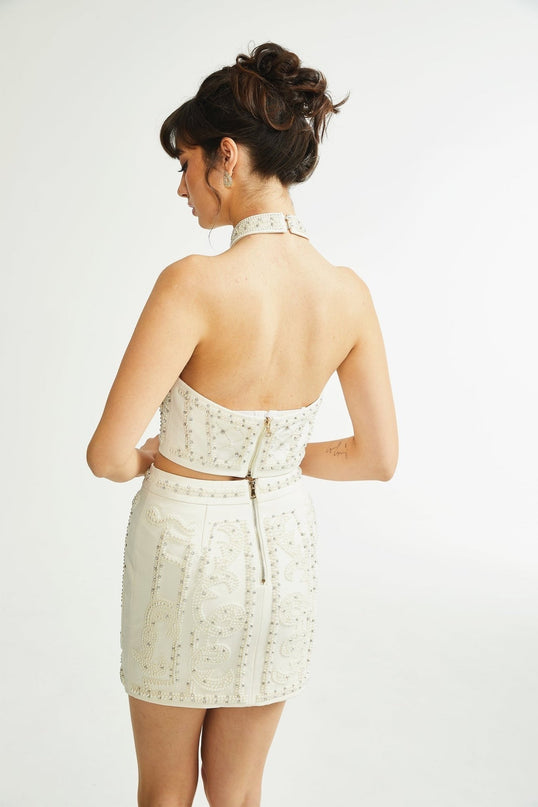 Vera Halterneck Skirt & Top Set in Neutrals Crystal Faux-pearl Embellishment