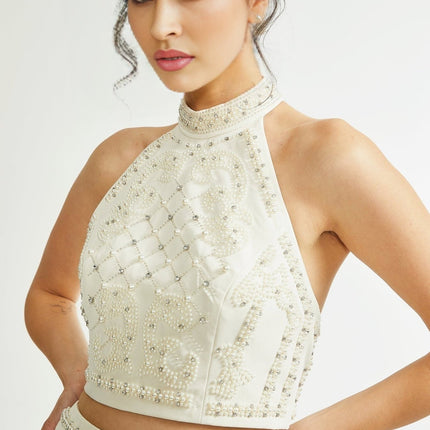 Vera Neutrals Crystal Faux-pearl Embellished Halterneck Skirt Top Set