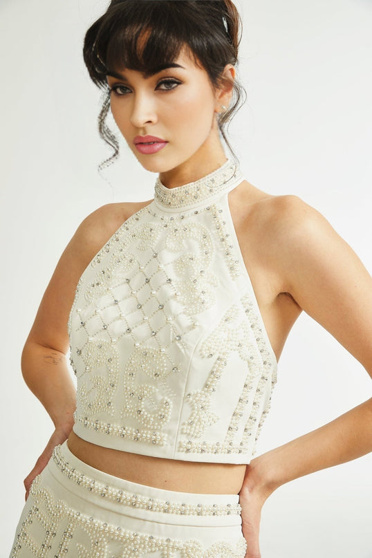 Vera Neutrals Crystal Faux-pearl Embellished Halterneck Skirt Top Set