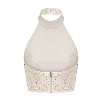 Vera Neutrals Crystal Faux-pearl Embellished Halterneck Skirt Top Set