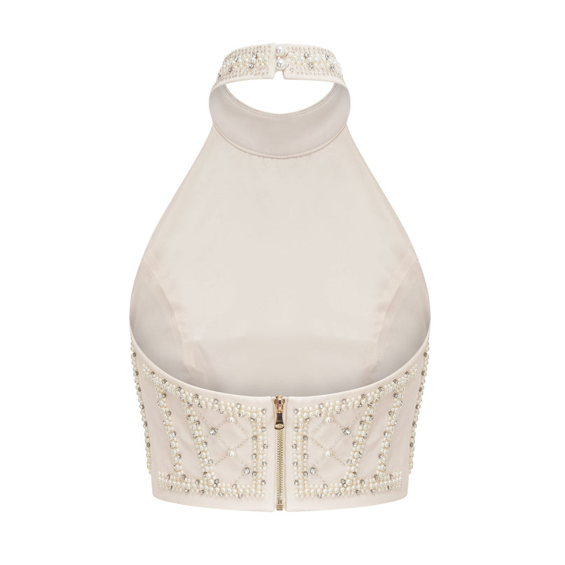 Vera Neutrals Crystal Faux-pearl Embellished Halterneck Skirt Top Set