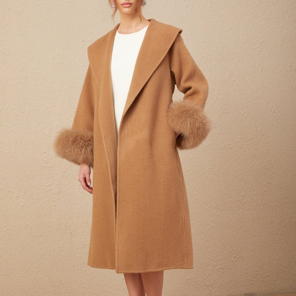 Vera Overcoat Brown Felted Wool Fox Fur Accents Wrap Silhouette Belted Waist V-Neck Rear Slit Long Length 100% Wool Environmentally-Friendly Farmed Fox Fur Refined Glamour Impeccable Craftsmanship