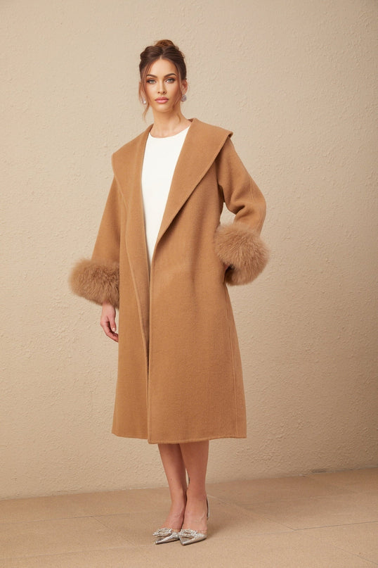 Vera Overcoat Brown Felted Wool Fox Fur Accents Wrap Silhouette Belted Waist V-Neck Rear Slit Long Length 100% Wool Environmentally-Friendly Farmed Fox Fur Refined Glamour Impeccable Craftsmanship