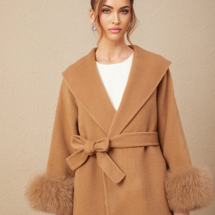 Vera Overcoat Brown Felted Wool Fox Fur Wrap Belted Waist V-neck Long Length