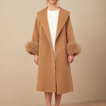 Vera Overcoat Brown Wool Fox Fur Wrap Belted Long Luxury Glamour Craftsmanship