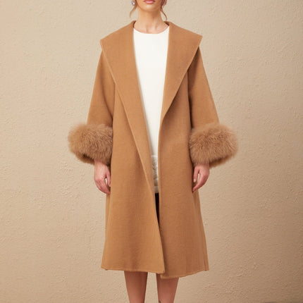 Vera Overcoat Brown Wool Fox Fur Belted Wrap Coat