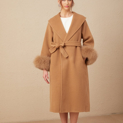 Vera Overcoat Brown Wool Fox Fur Belted Wrap Coat